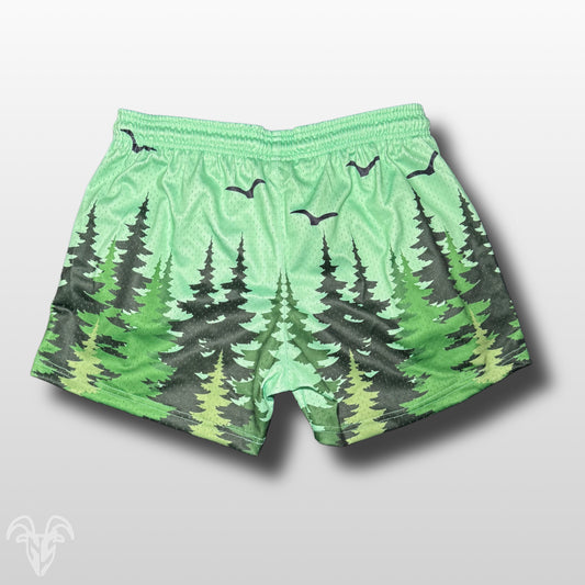 Goat Strength 5” Inseam Mesh Shorts – Forest Pine Tree Design – Unisex Athletic Workout Shorts with Zipper Pockets