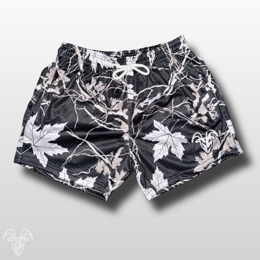 Black and White Maple Camo Goat Strength Mesh Gym Shorts - 5 inch inseam shorts- Zipper Pockets