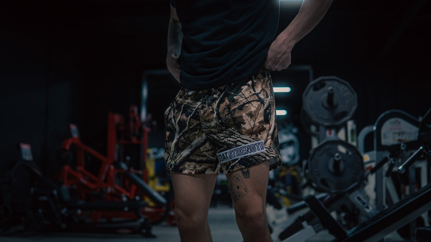 Goat Strength - Men’s 5 inch inseam shorts - Mesh athletic Alternate Logo Hunter Camo Shorts - Zipper pockets - Men's Shorts