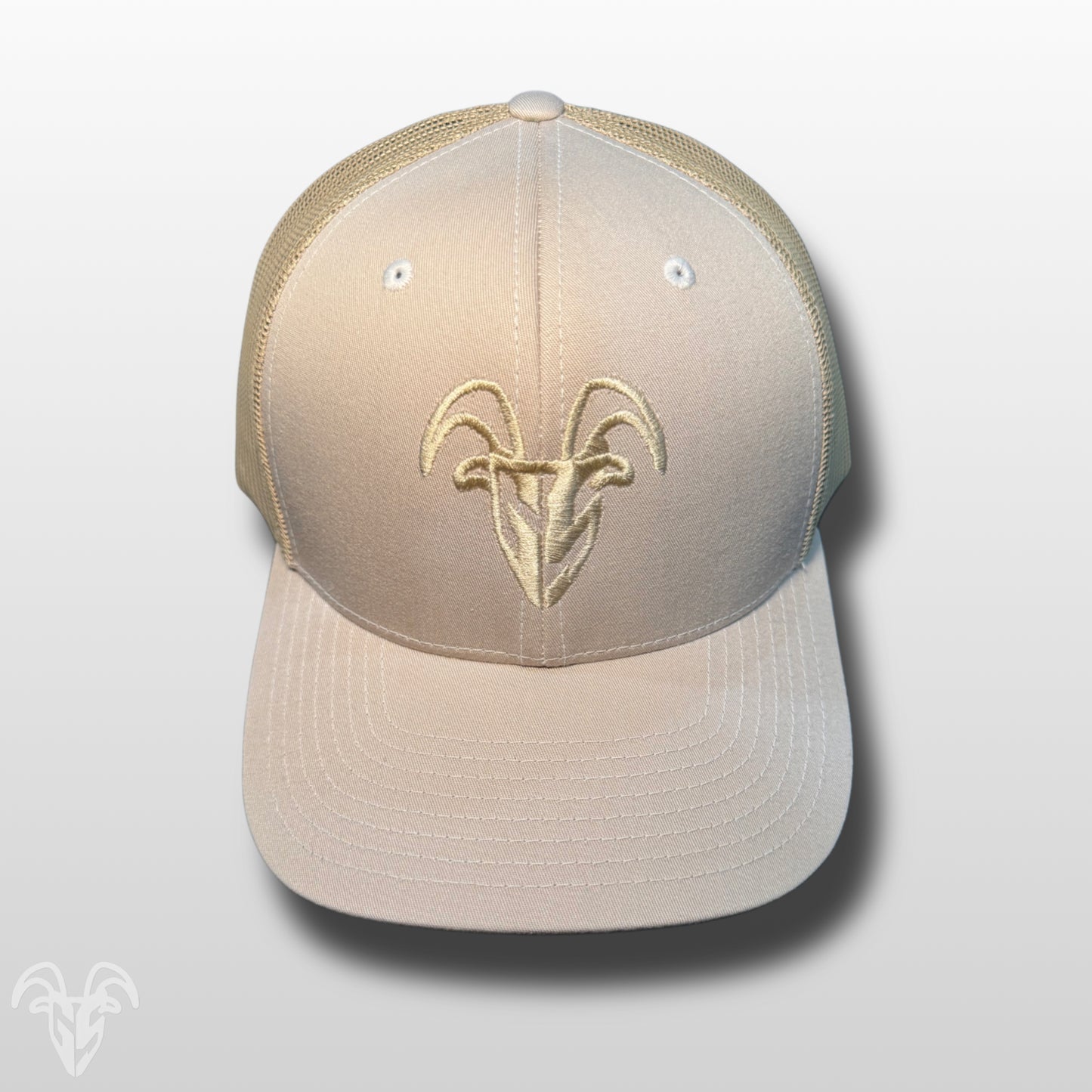 Goat Strength Embroidered Khaki Trucker Hat – Pre Curved, Cotton Twill & Mesh Snapback