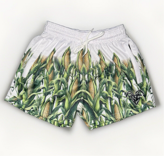 Corn Stalk Themed Mesh Gym Shorts - 5 inch inseam shorts with Zipper Shorts