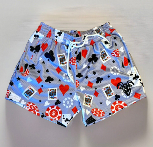 Goat Strength Men’s 5 inch Inseam Shorts - Athletic gym shorts - Card casino shorts - Casino design shorts with clubs hearts and diamonds - Men's Shorts