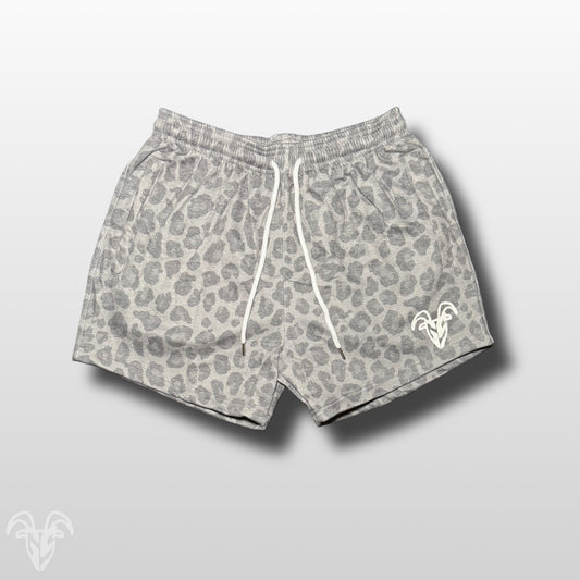 5-Inch Inseam Cheetah Print COTTON Gym Shorts with Zipper Pockets | Grey Leopard Design Active Wear