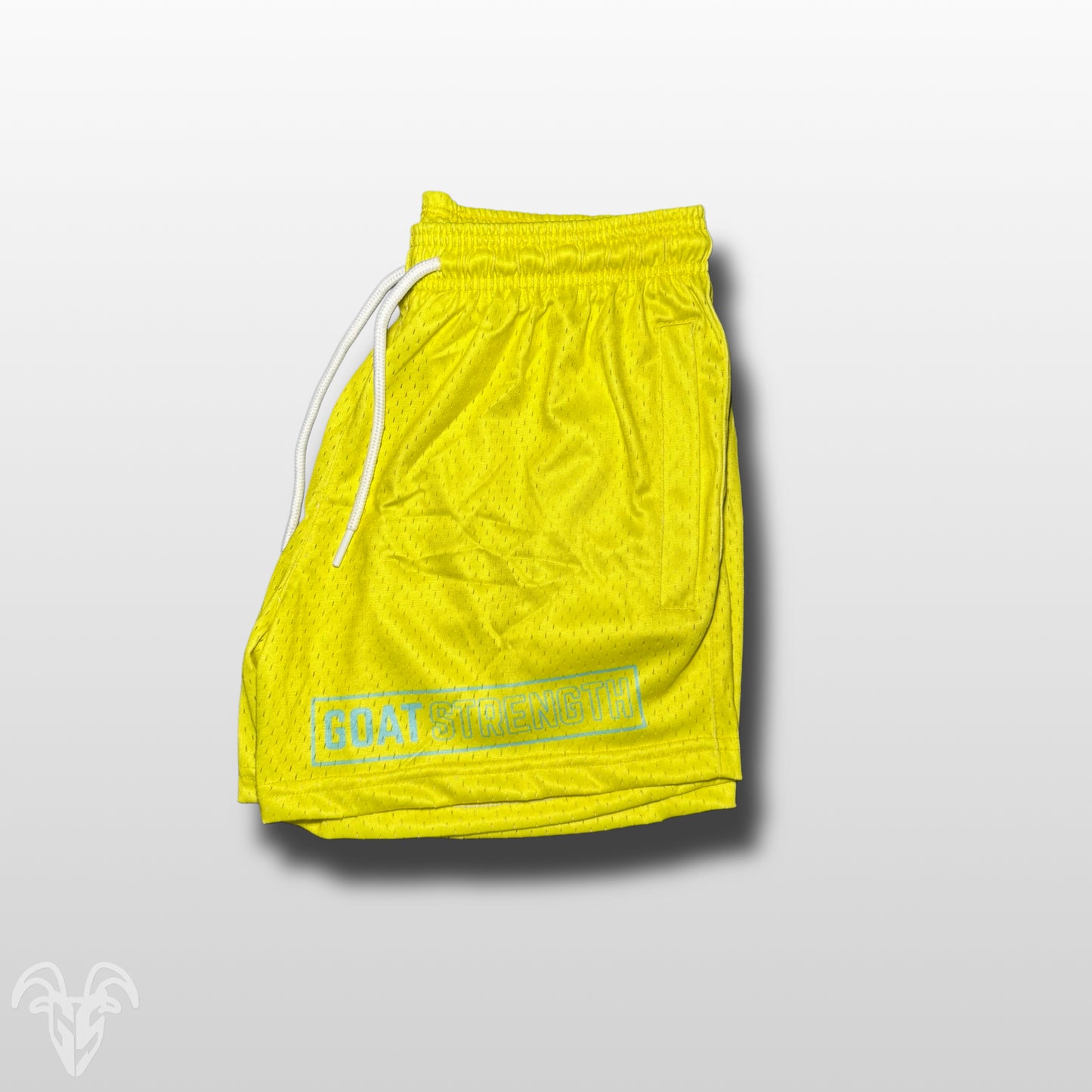Goat Strength 5” Inseam Mesh Shorts – Solid Yellow with Electric Blue Logo – Athletic Workout Shorts W/ Zipper Pockets