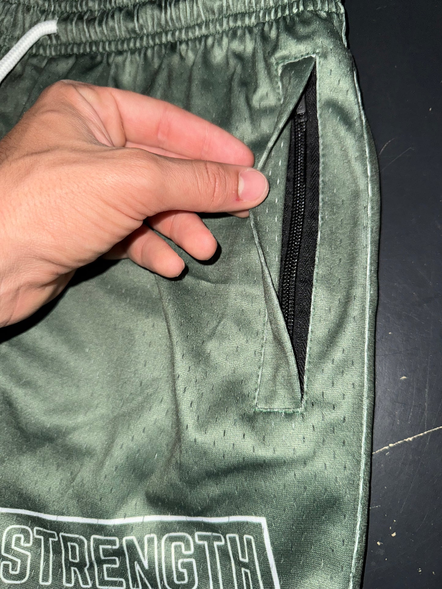 Goat Strength Olive Green Mesh Athletic Shorts – 5” Inseam with Zipper Pockets