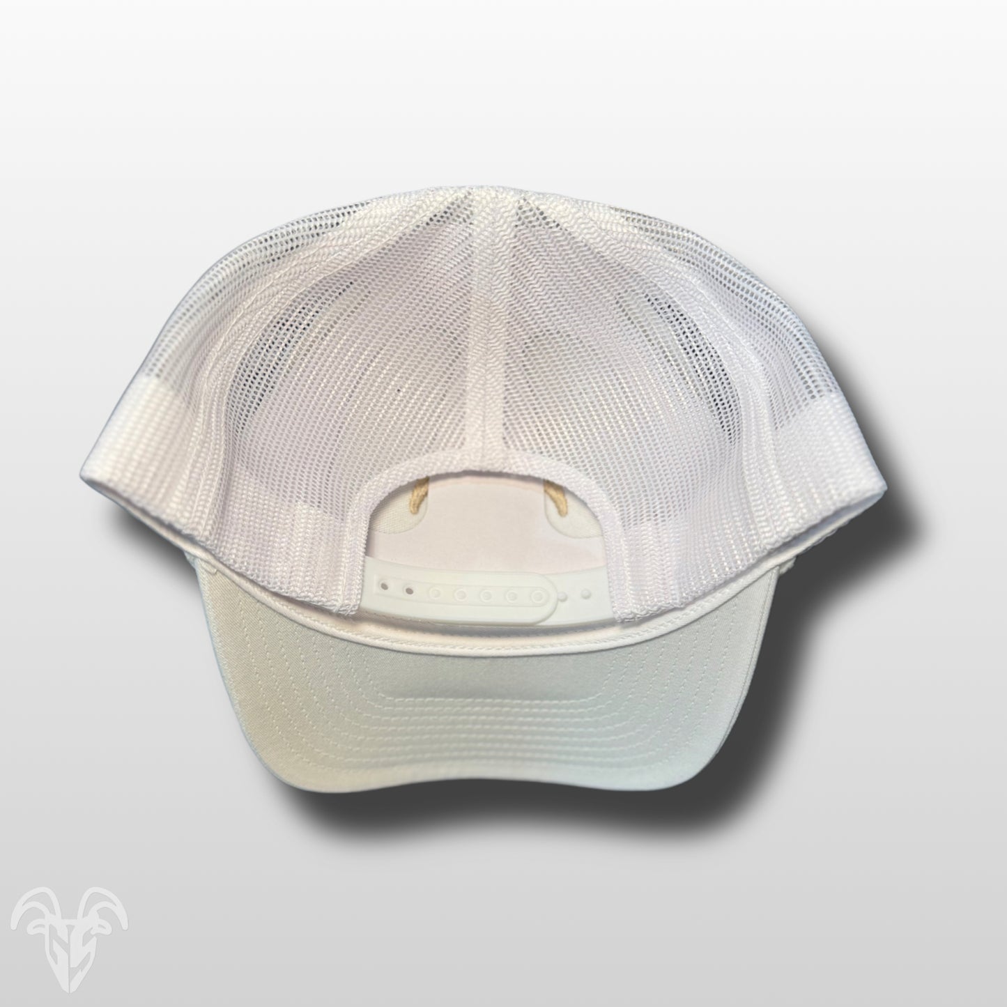 Goat Strength Embroidered Rope WHITE Mesh Trucker Hat – Pre Curved, Mid-Height Pinch Front, Cotton Twill Snapback