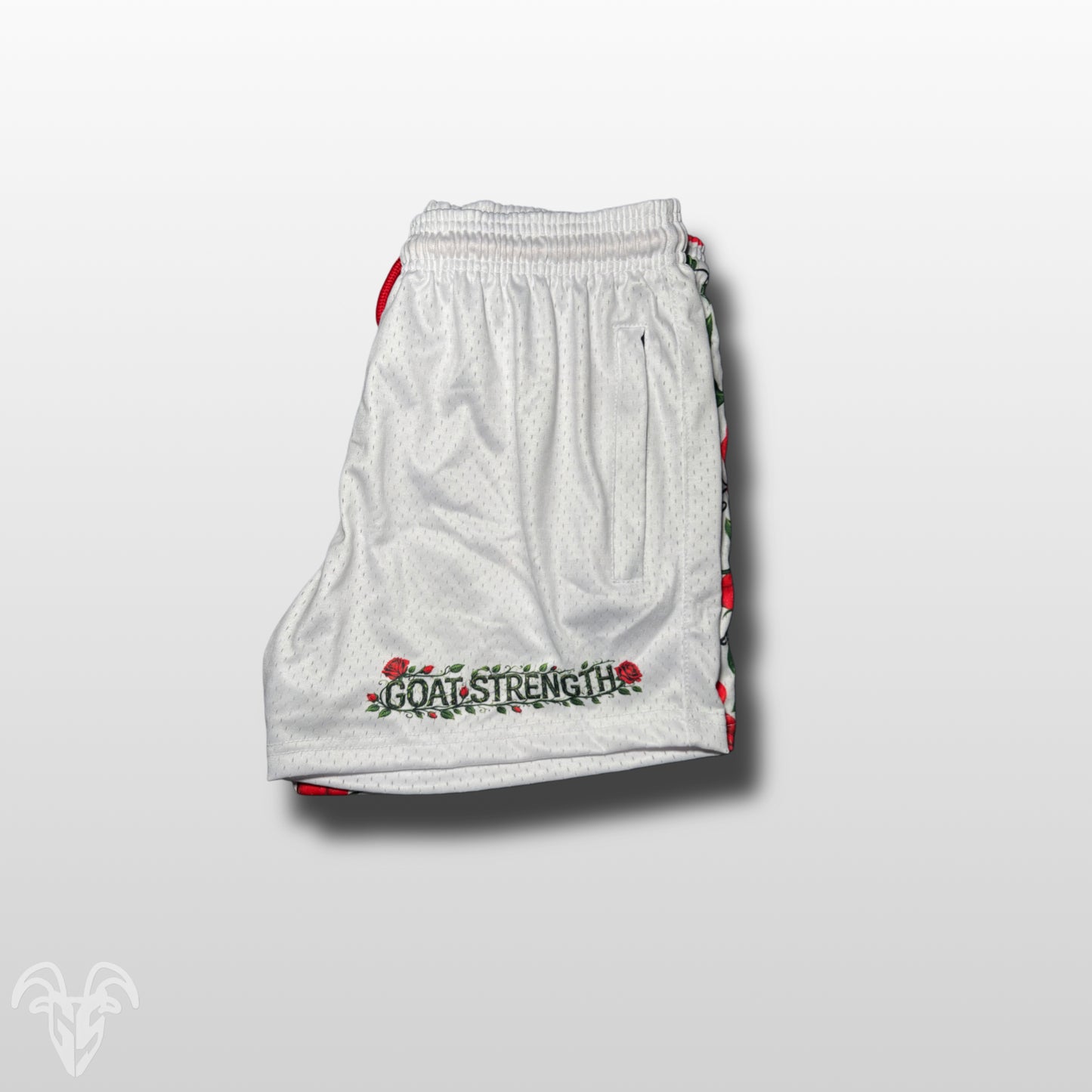 Goat Strength 5” Inseam Mesh Shorts – Split Rose Design – Unisex Athletic Workout Shorts with Zipper Pockets