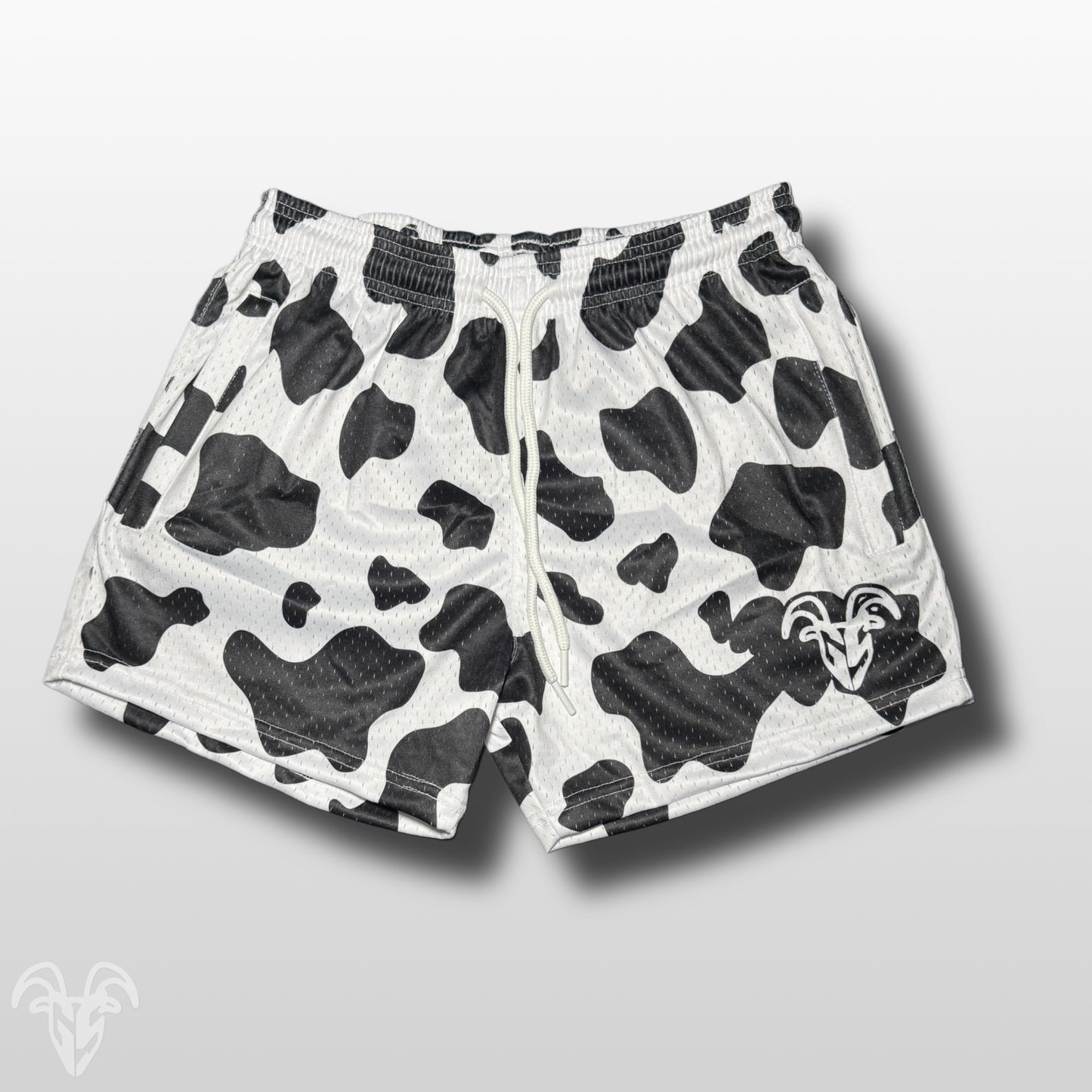 Goat Strength 5” Inseam Mesh Shorts – Black & White Cow Print – Athletic Workout Shorts with Zipper Pockets