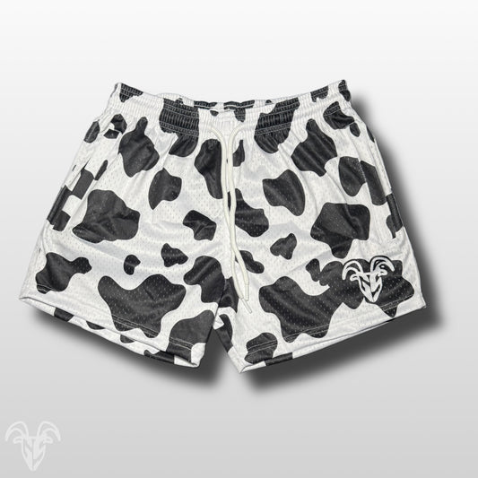 Goat Strength 5” Inseam Mesh Shorts – Black & White Cow Print – Athletic Workout Shorts with Zipper Pockets
