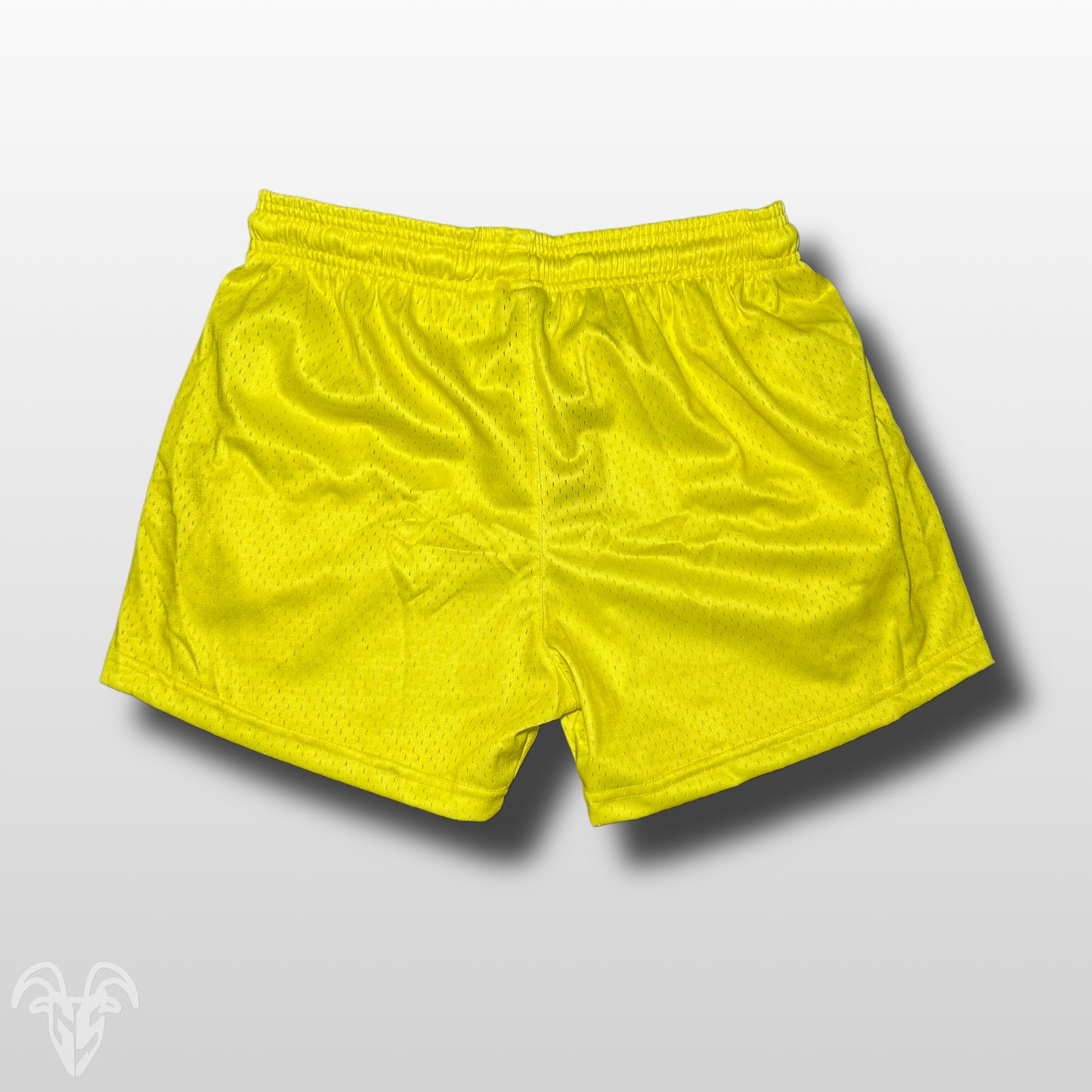 Goat Strength 5” Inseam Mesh Shorts – Solid Yellow with Electric Blue Logo – Athletic Workout Shorts W/ Zipper Pockets
