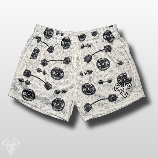 5” Inseam Mesh Shorts – Plate & Barbell Pattern – Unisex Athletic Workout Shorts