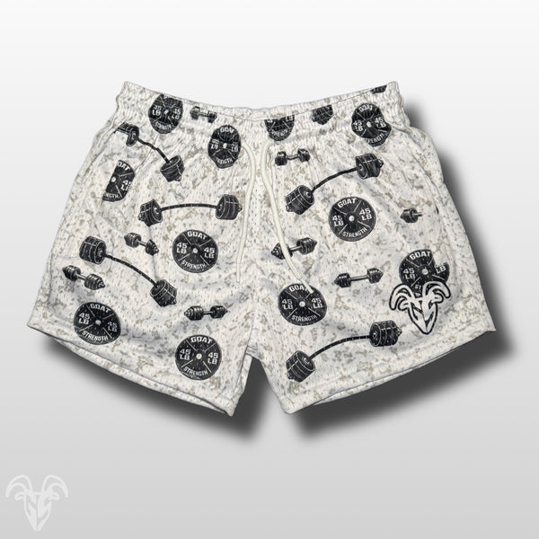 5” Inseam Mesh Shorts – Plate & Barbell Pattern – Unisex Athletic Workout Shorts