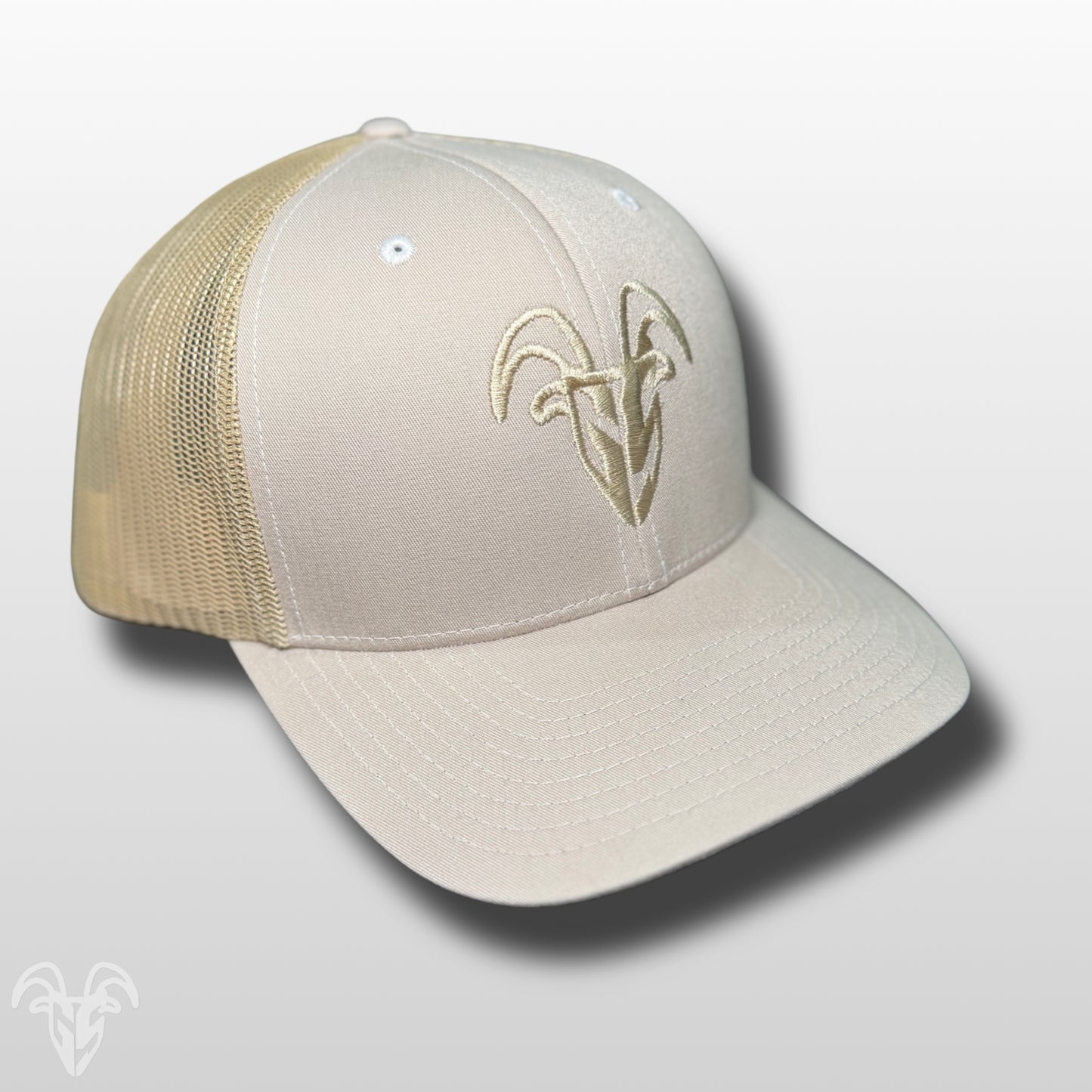 Goat Strength Embroidered Khaki Trucker Hat – Pre Curved, Cotton Twill & Mesh Snapback