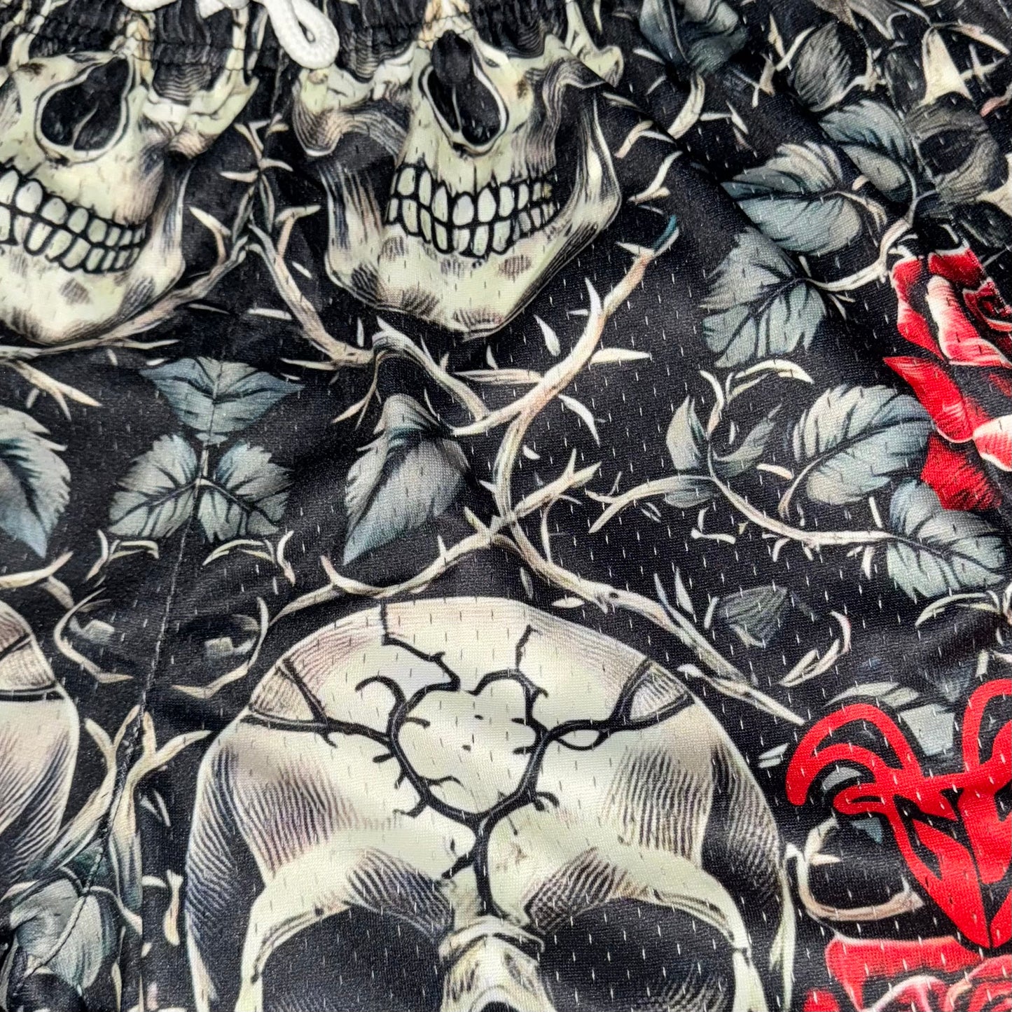 Skull and Roses Design Mesh Gym Shorts - 5 inch inseam shorts- Zipper Pockets