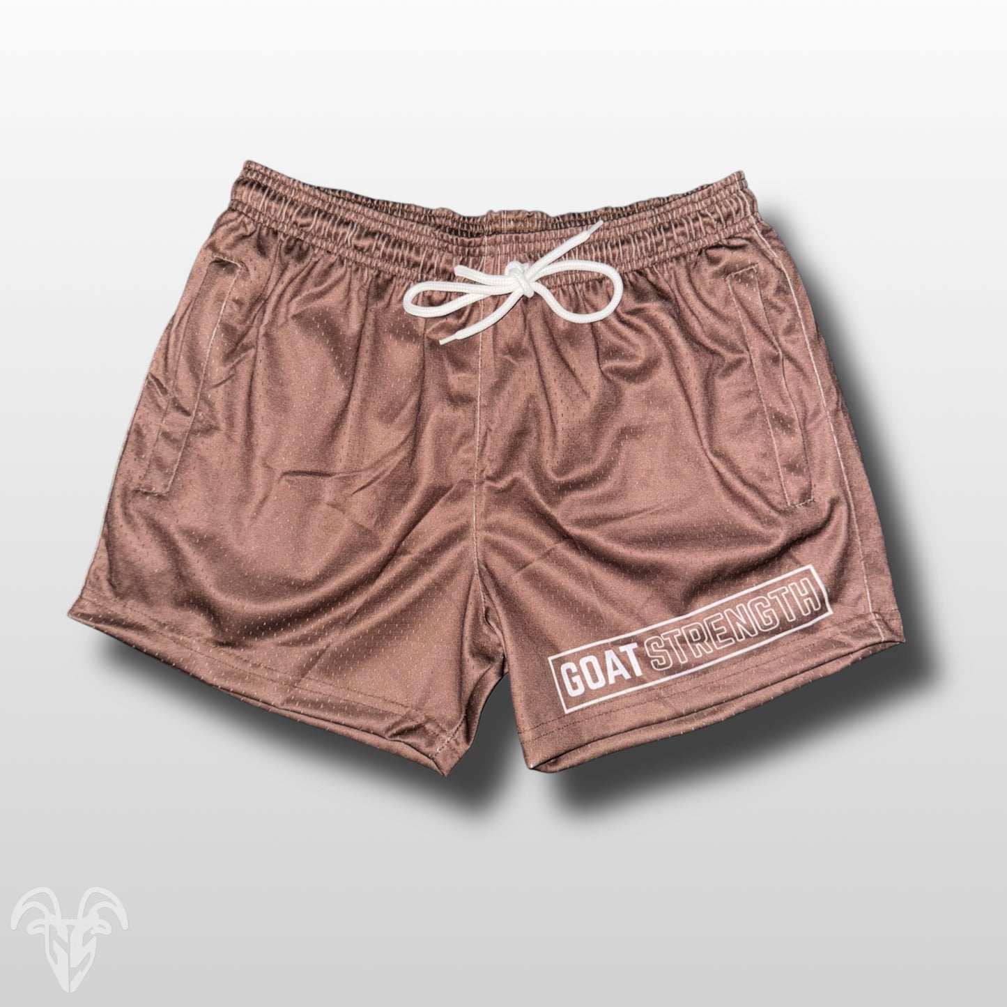 Goat Strength Brown Mesh Athletic Shorts – 5” Inseam with Zipper Pockets