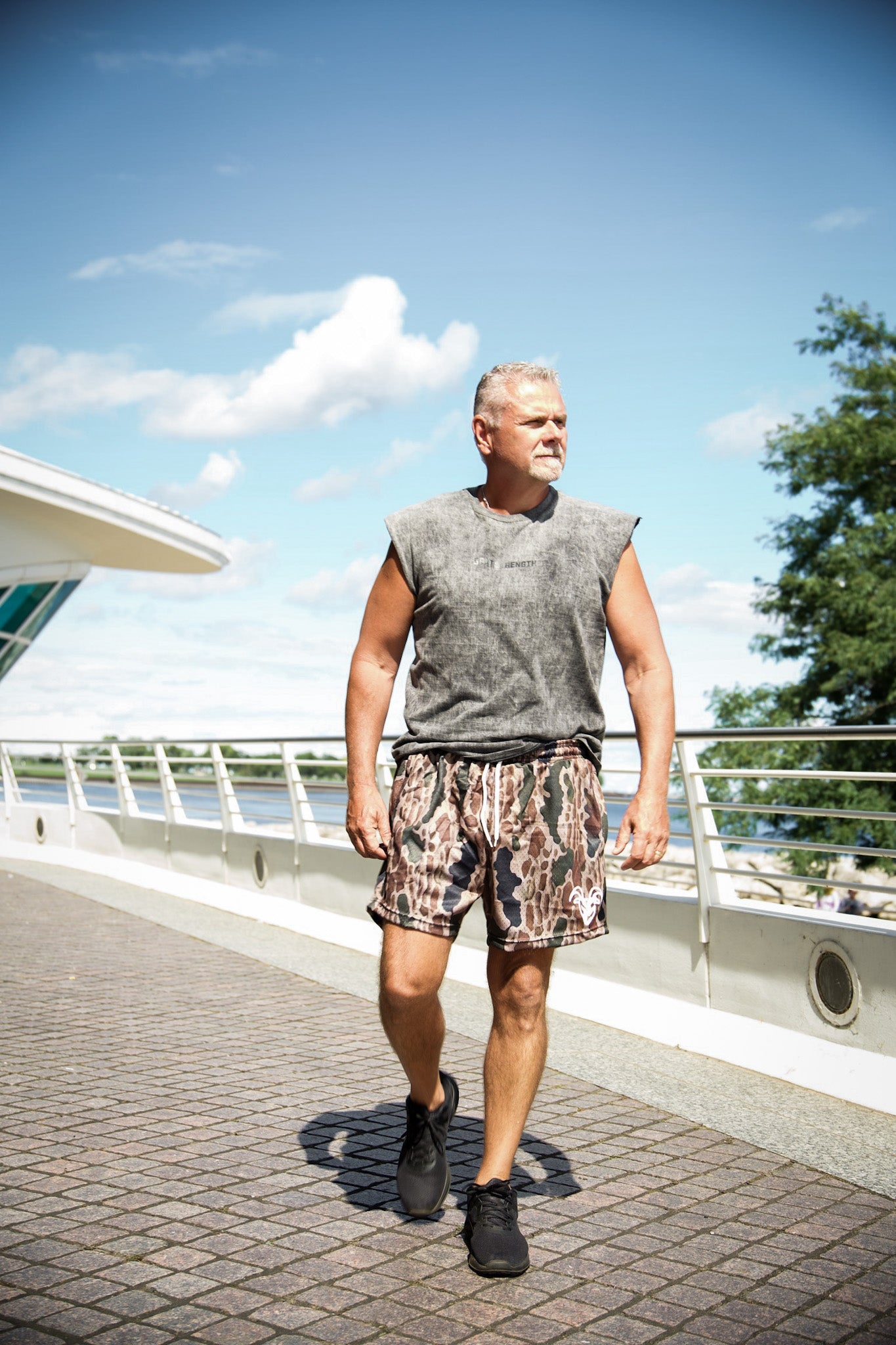 Goat Strength - Men’s 5 inch inseam shorts - Mesh athletic Old School Camo Shorts - Zipper pockets - Men's Shorts