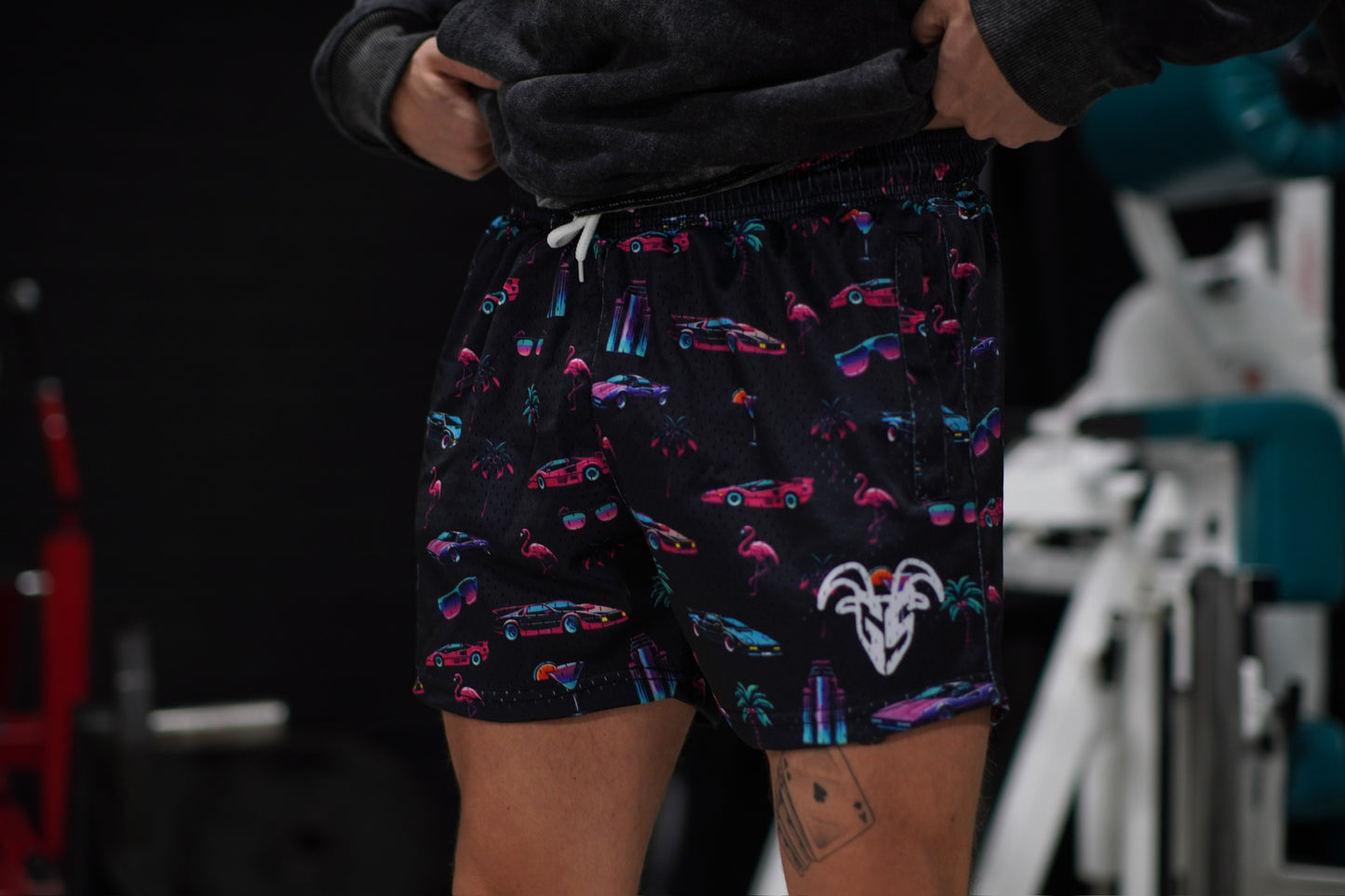 Goat Strength 5" Inseam Mesh Shorts - Miami Vice Themed Design - Athletic stretchy material breathable for workouts or just casual wear