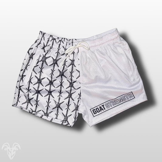 Goat Strength Half Barbed Wire Half White Shorts - 5 Inch Inseam, Breathable Elastic Workout Gym camouflage Shorts - Zipper Pockets outfits workout fit