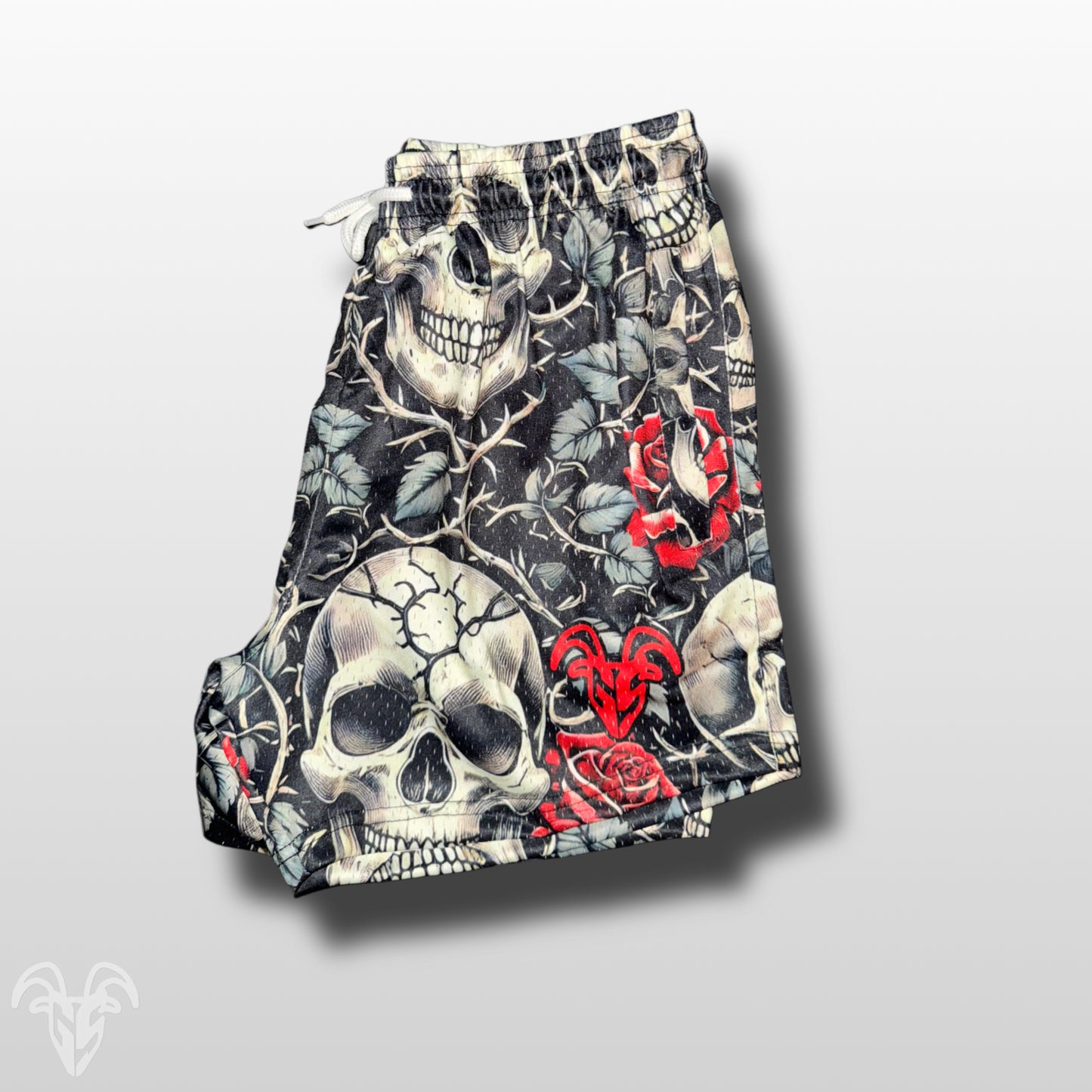 Skull and Roses Design Mesh Gym Shorts - 5 inch inseam shorts- Zipper Pockets