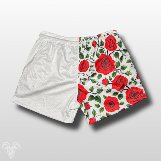 Goat Strength 5” Inseam Mesh Shorts – Split Rose Design – Unisex Athletic Workout Shorts with Zipper Pockets