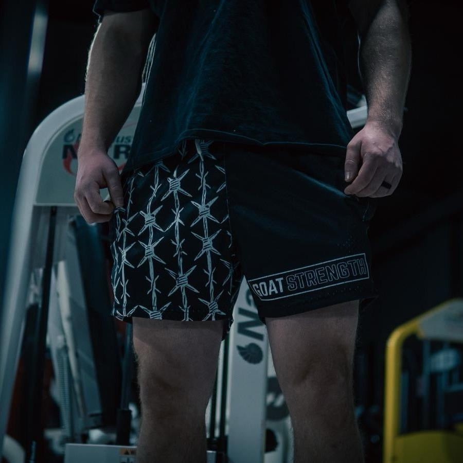 Goat Strength Half Barbed Wire Half Black Shorts - 5 Inch Inseam, Breathable Elastic Workout Gym camouflage Shorts - Zipper Pockets outfits workout fit