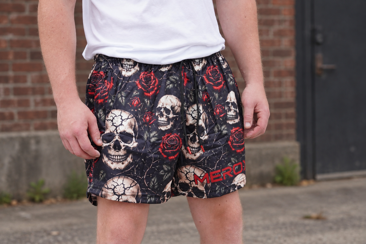 MEROX Skull and Roses 5-Inch Mesh Shorts – Unisex with Zipper Pockets