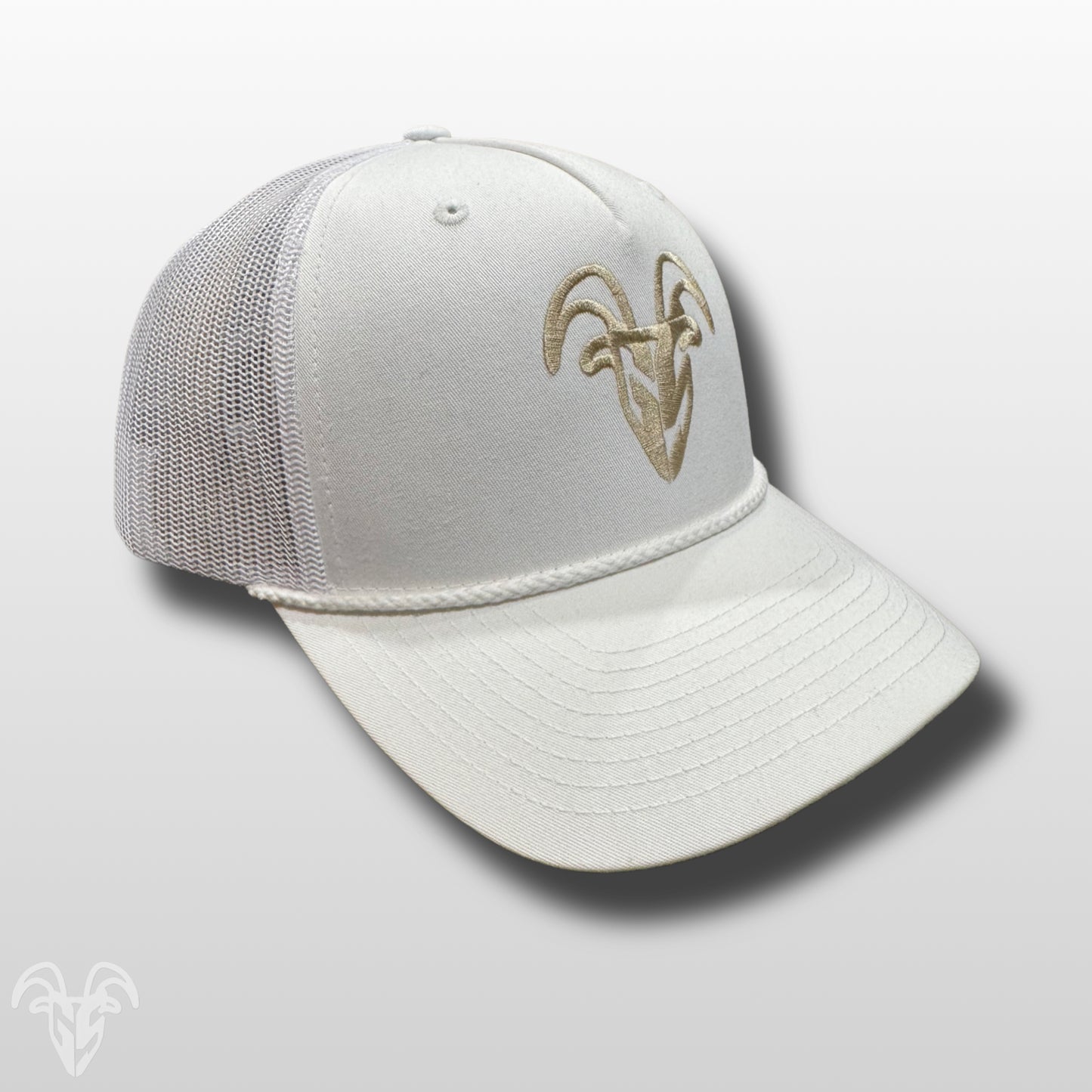 Goat Strength Embroidered Rope WHITE Mesh Trucker Hat – Pre Curved, Mid-Height Pinch Front, Cotton Twill Snapback