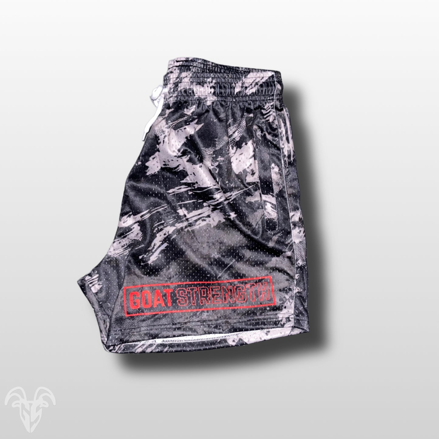 Black Scratch Ripped Camo Mesh Gym Shorts - 5 inch inseam shorts- Zipper Pockets