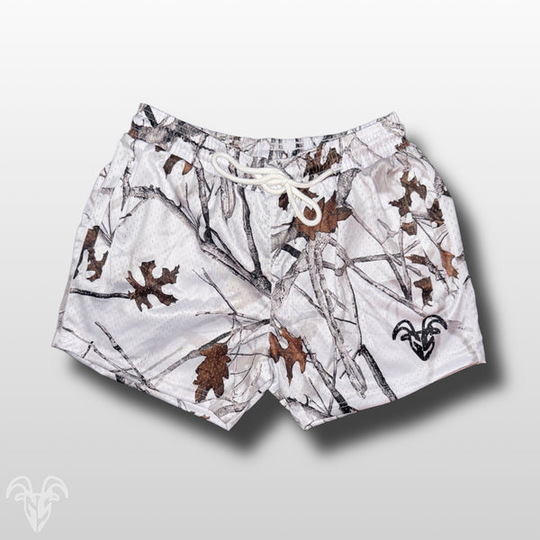 Goat Strength Final Stock – White Camo 5-Inch Mesh Shorts