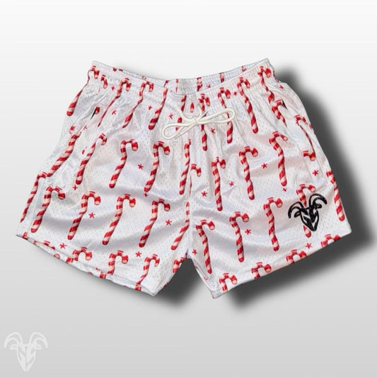 Goat Strength Christmas Candy Cane Mesh Shorts – Holiday 5” Inseam Athletic Shorts with Zipper Pockets