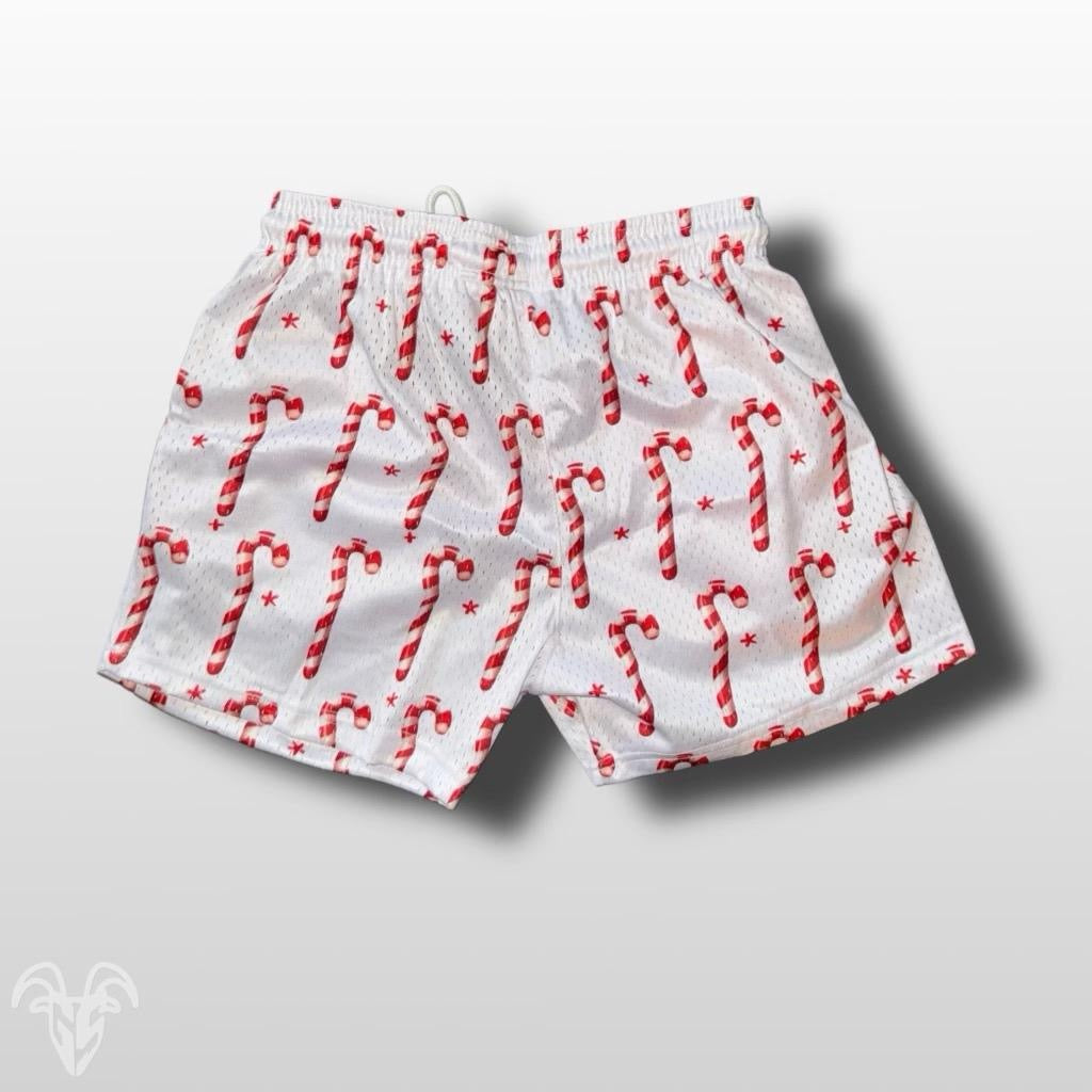 Goat Strength Christmas Candy Cane Mesh Shorts – Holiday 5” Inseam Athletic Shorts with Zipper Pockets