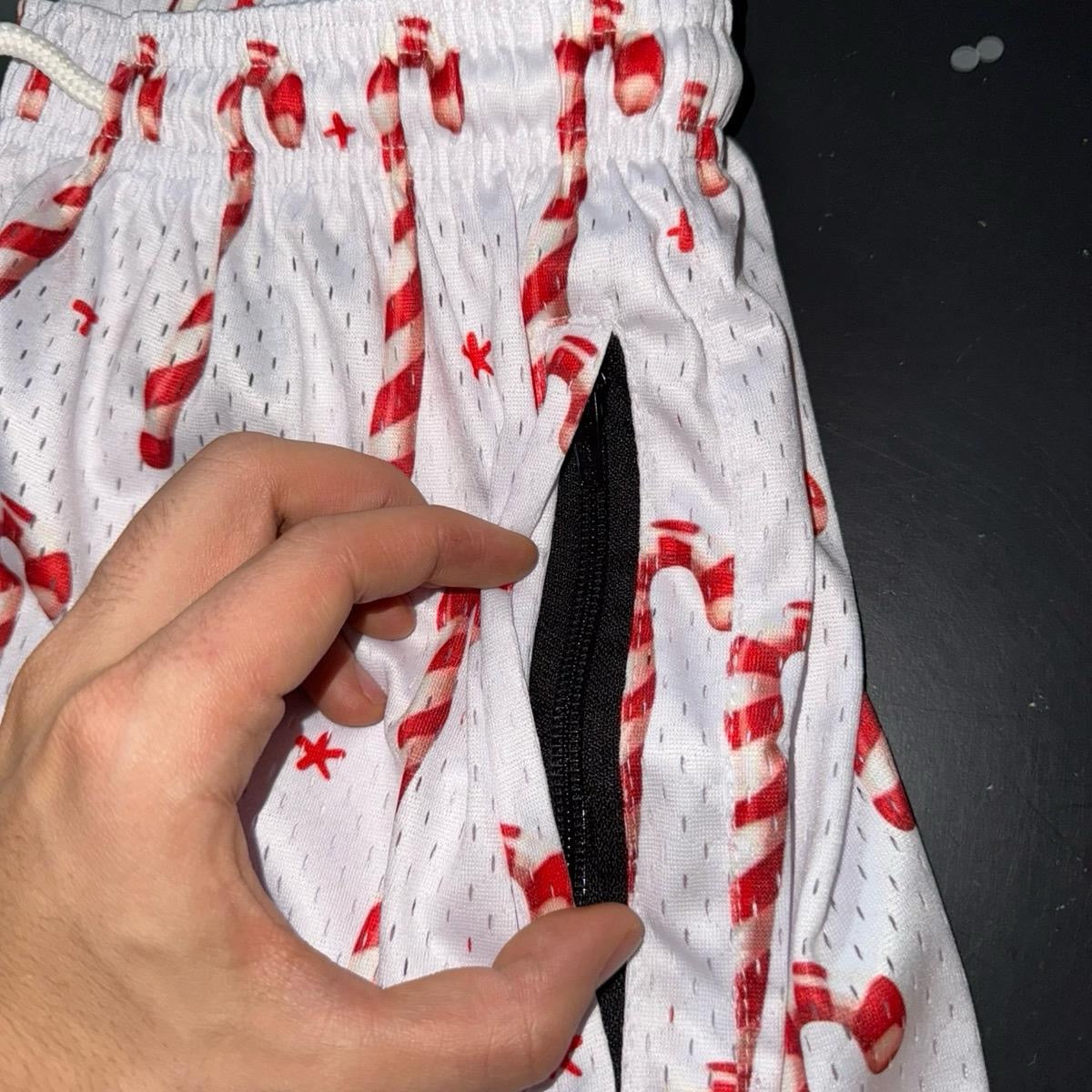 Goat Strength Christmas Candy Cane Mesh Shorts – Holiday 5” Inseam Athletic Shorts with Zipper Pockets