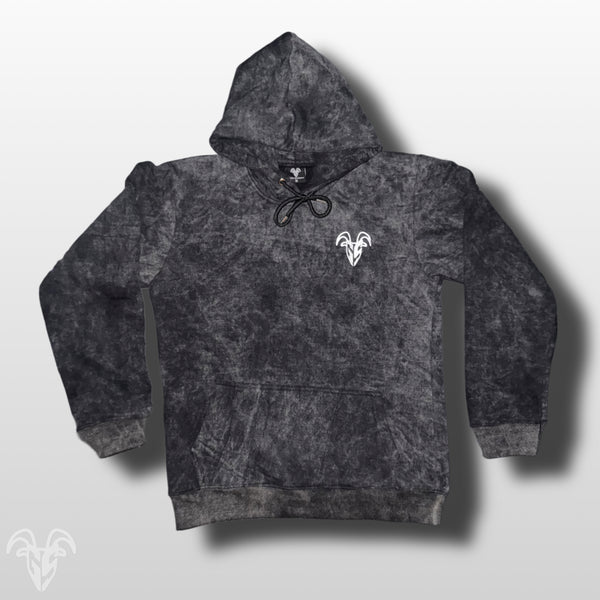 Goat Strength black acid wash embroidered hoodie front
