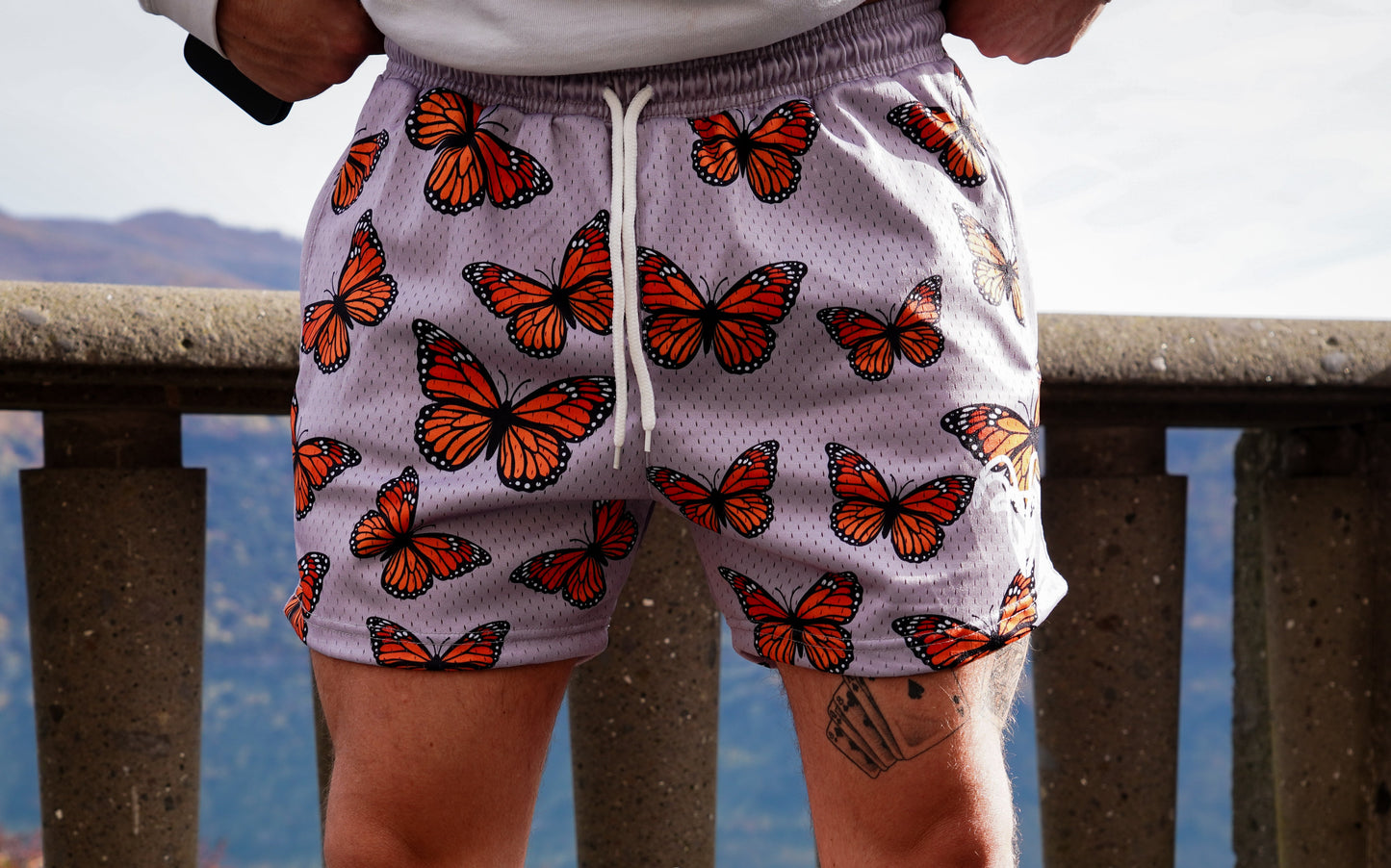 Goat Strength Monarch  Butterfly Mesh Shorts – 5” Inseam Athletic Shorts with Zipper Pockets for Gym, Pickleball, Running & Everyday Wear