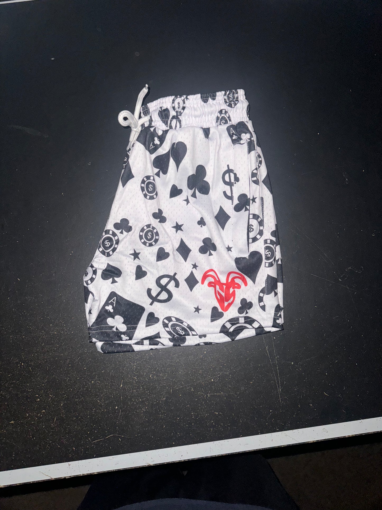 Goat Strength Casino Themed Mesh Gym Shorts - 5 inch inseam athletic shorts / graphic shorts w zipper pockets - Shorts with cards hearts poker chips