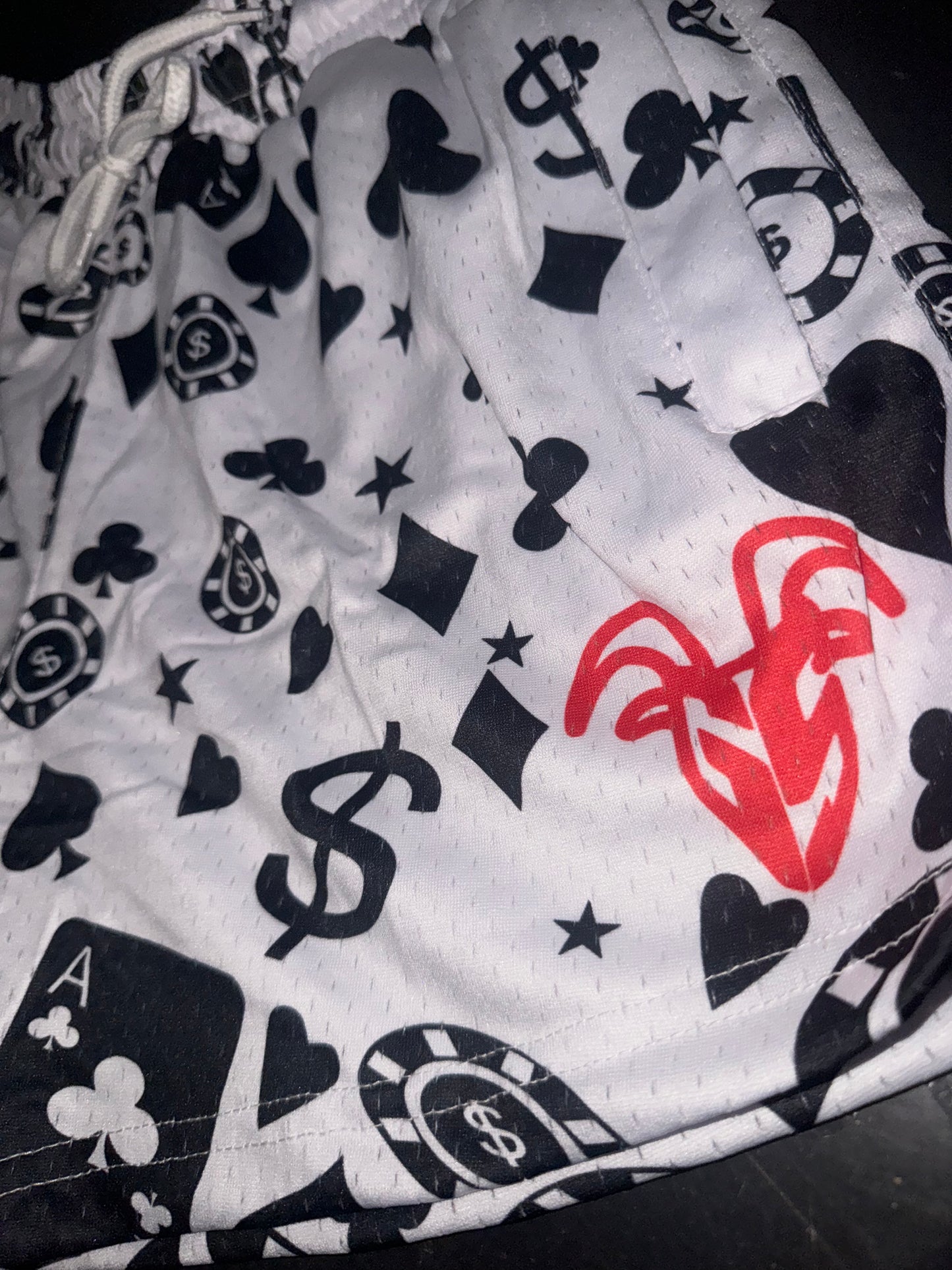 Goat Strength Casino Themed Mesh Gym Shorts - 5 inch inseam athletic shorts / graphic shorts w zipper pockets - Shorts with cards hearts poker chips