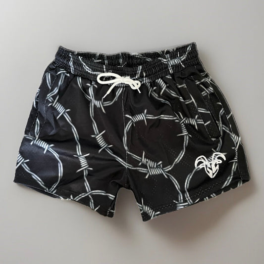 Goat Strength - Men’s 5 inch inseam shorts - Mesh athletic Barbed Wire design shorts - Barbed Wire design shorts - Zipper pockets - Men's Shorts