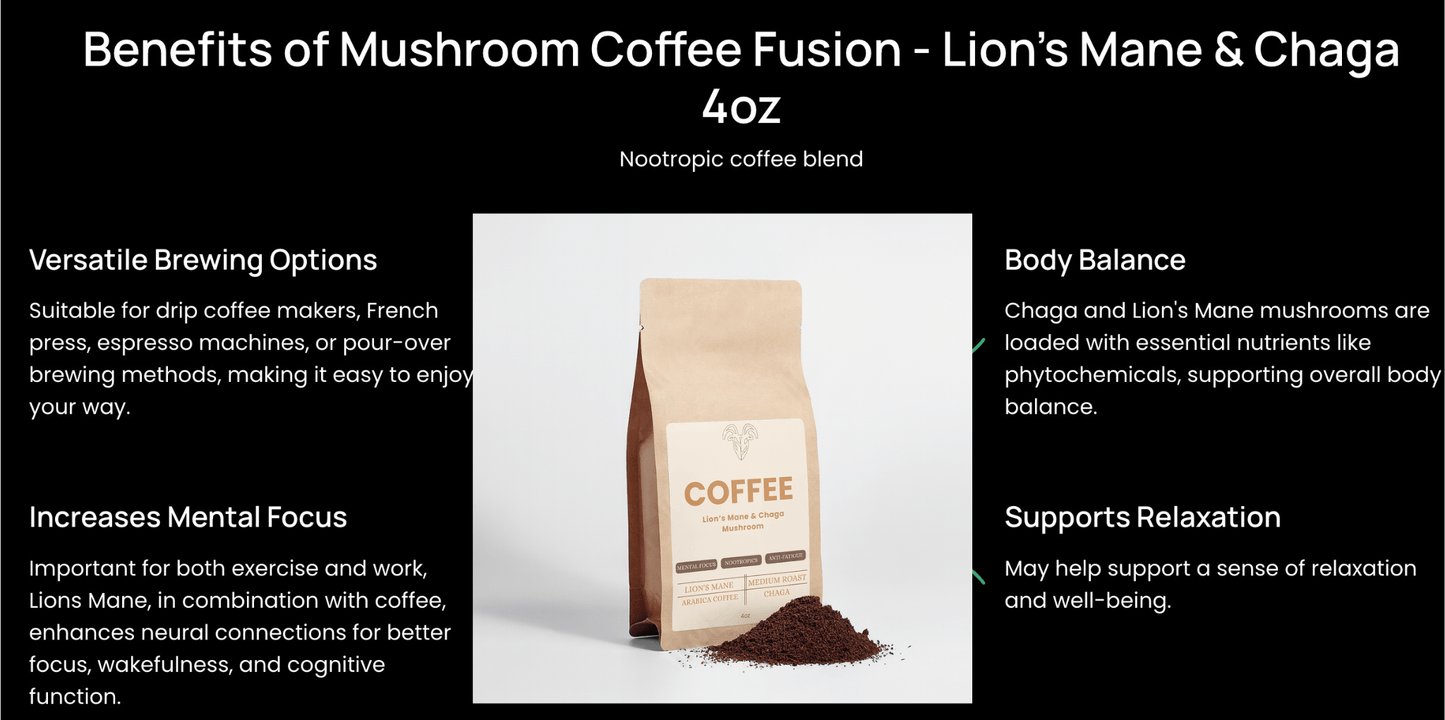 Mushroom Ground Coffee Fusion - Lion’s Mane & Chaga 4oz