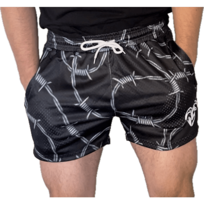 Goat Strength - Men’s 5 inch inseam shorts - Mesh athletic Barbed Wire design shorts - Barbed Wire design shorts - Zipper pockets - Men's Shorts