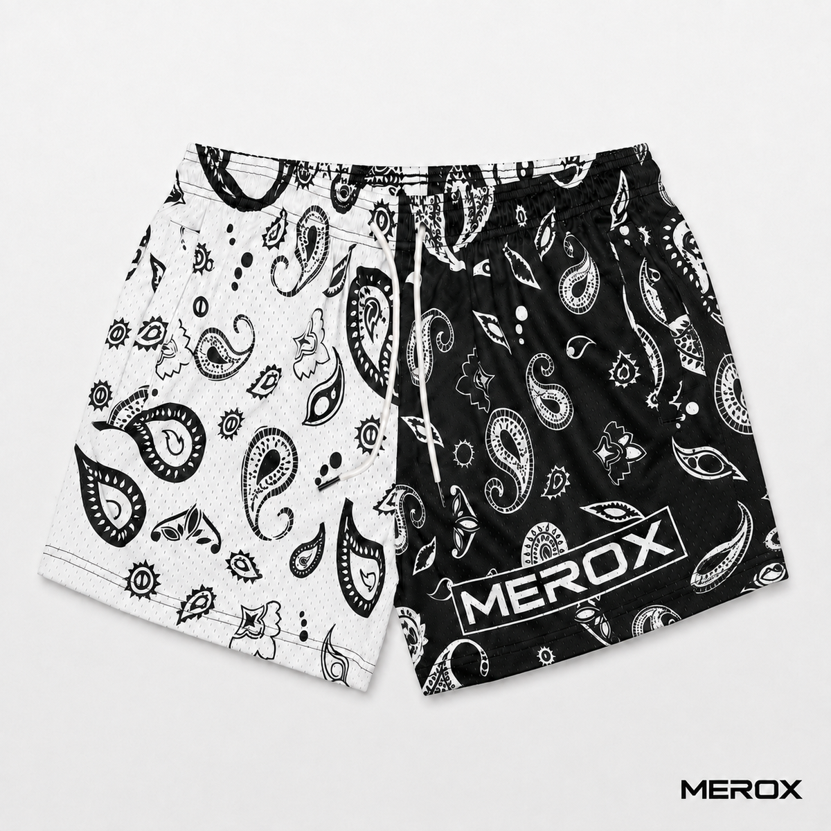 MEROX black and white bandana 5-inch mesh shorts front view