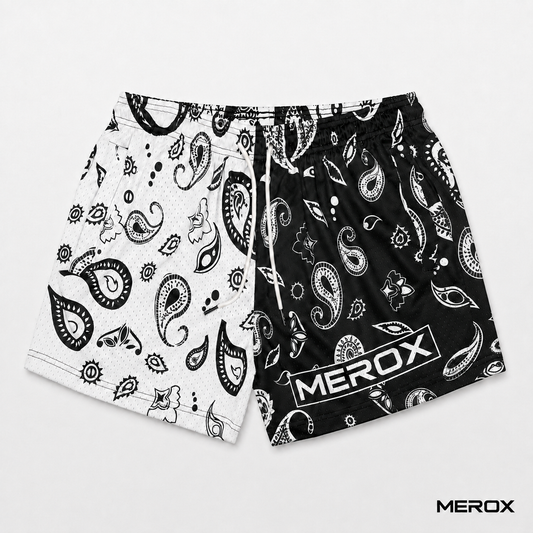 MEROX black and white bandana 5-inch mesh shorts front view