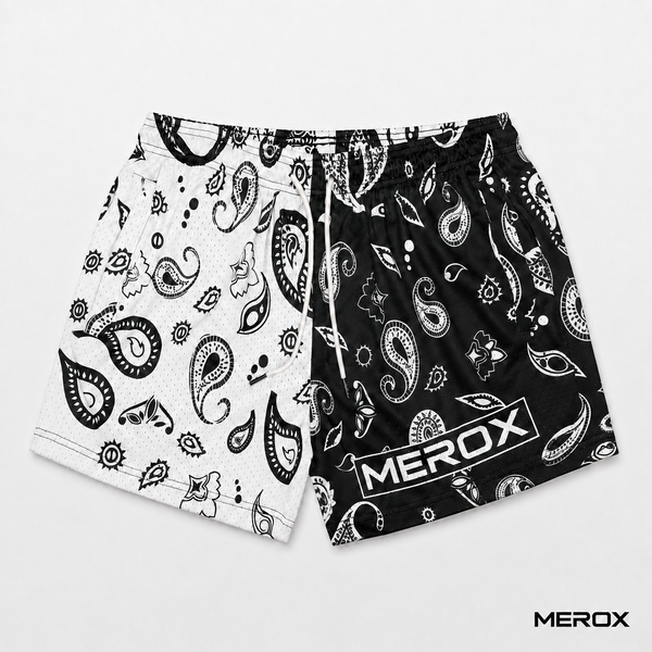 MEROX black and white bandana 5-inch mesh shorts front view