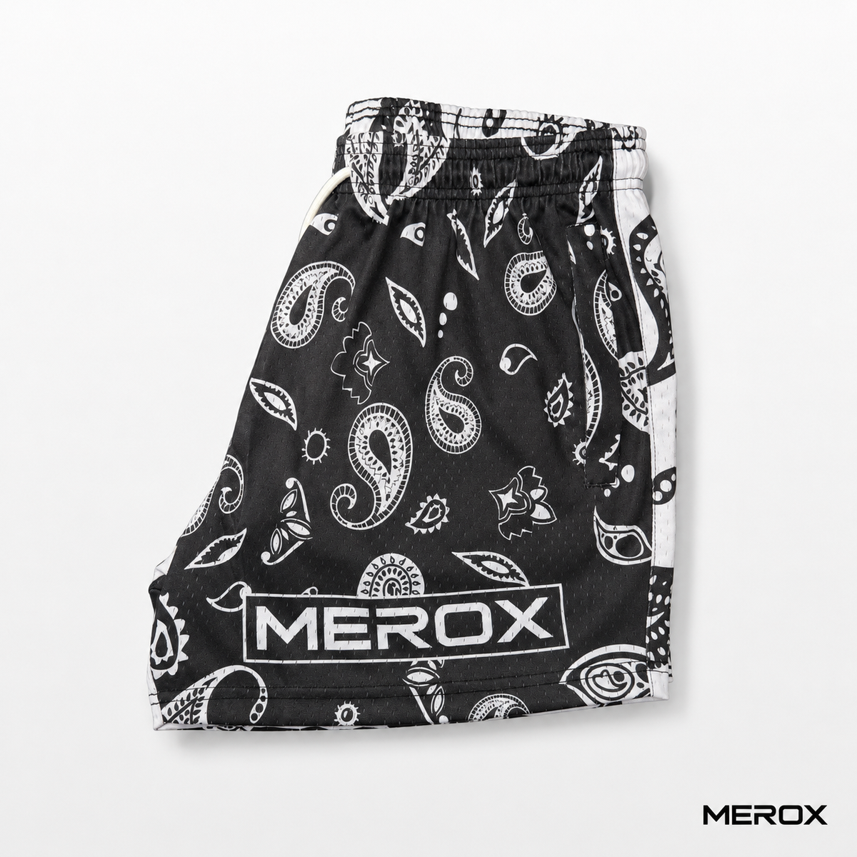 MEROX black and white bandana mesh shorts branded side view