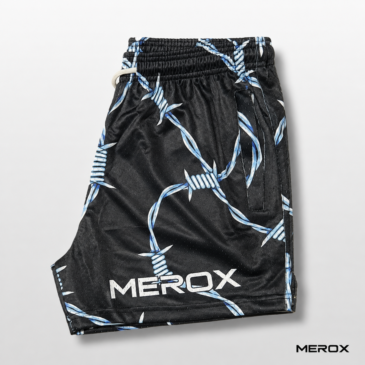 MEROX Barbed Wire mesh shorts side view with logo