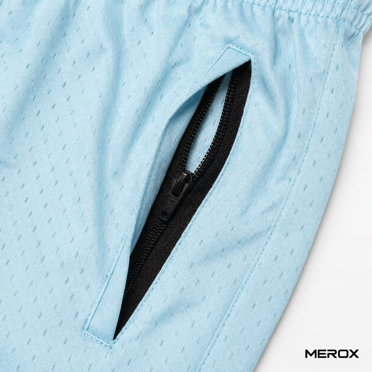 Sky Blue mesh shorts secure zipper pocket detail