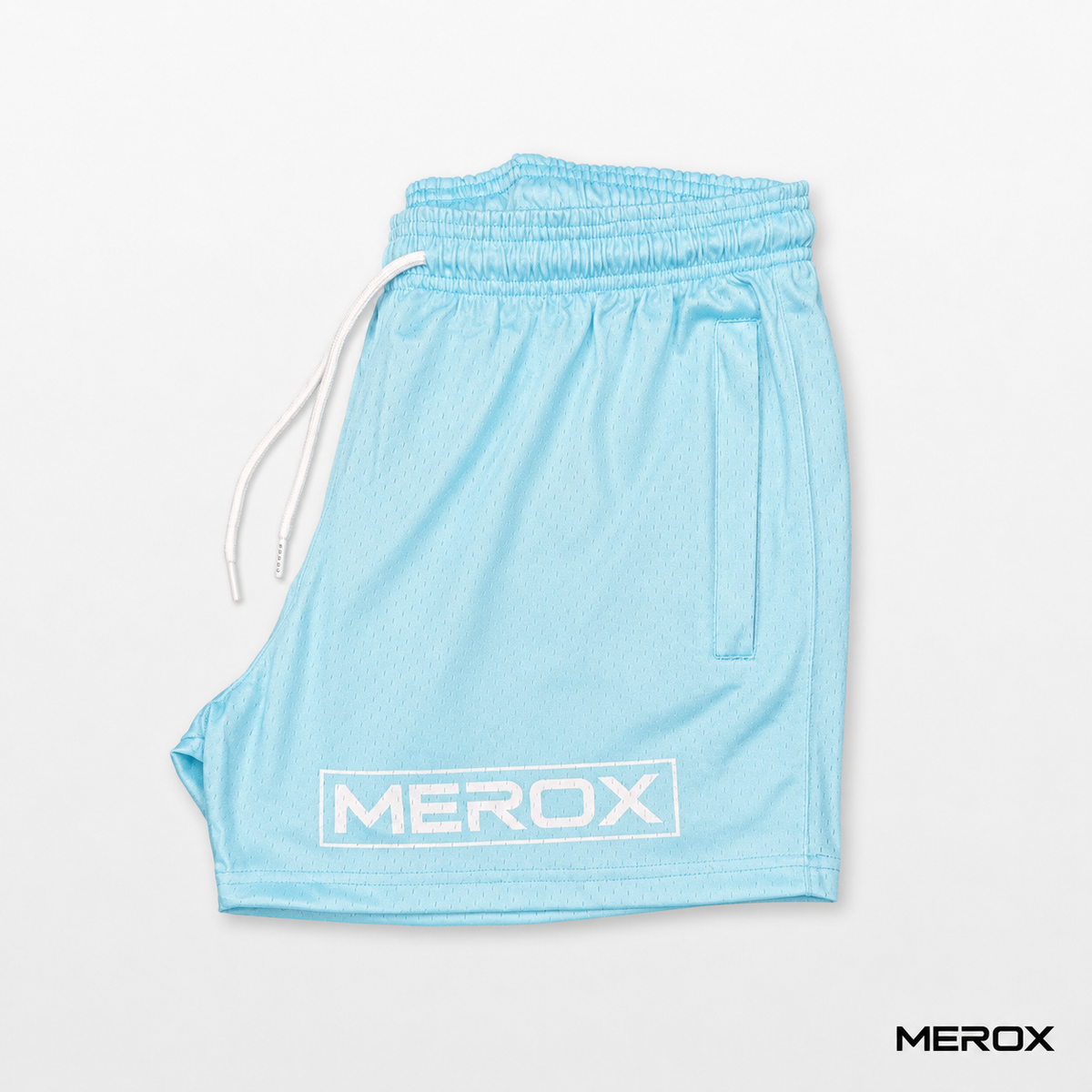 MEROX Sky Blue mesh shorts branded side view