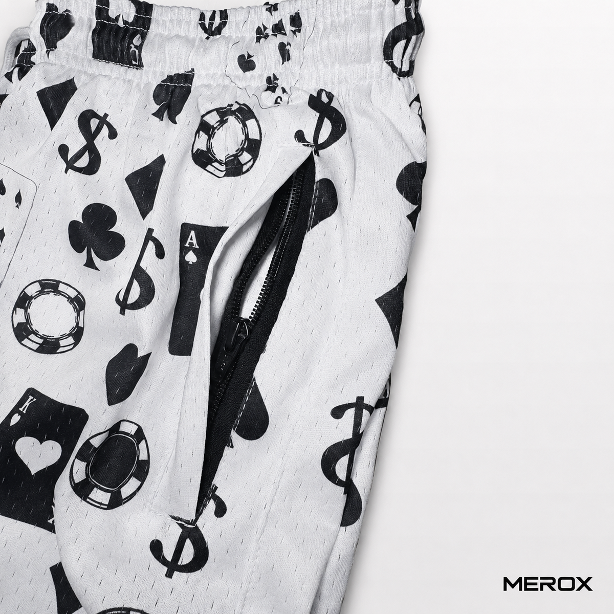 Casino mesh shorts secure zipper pocket detail