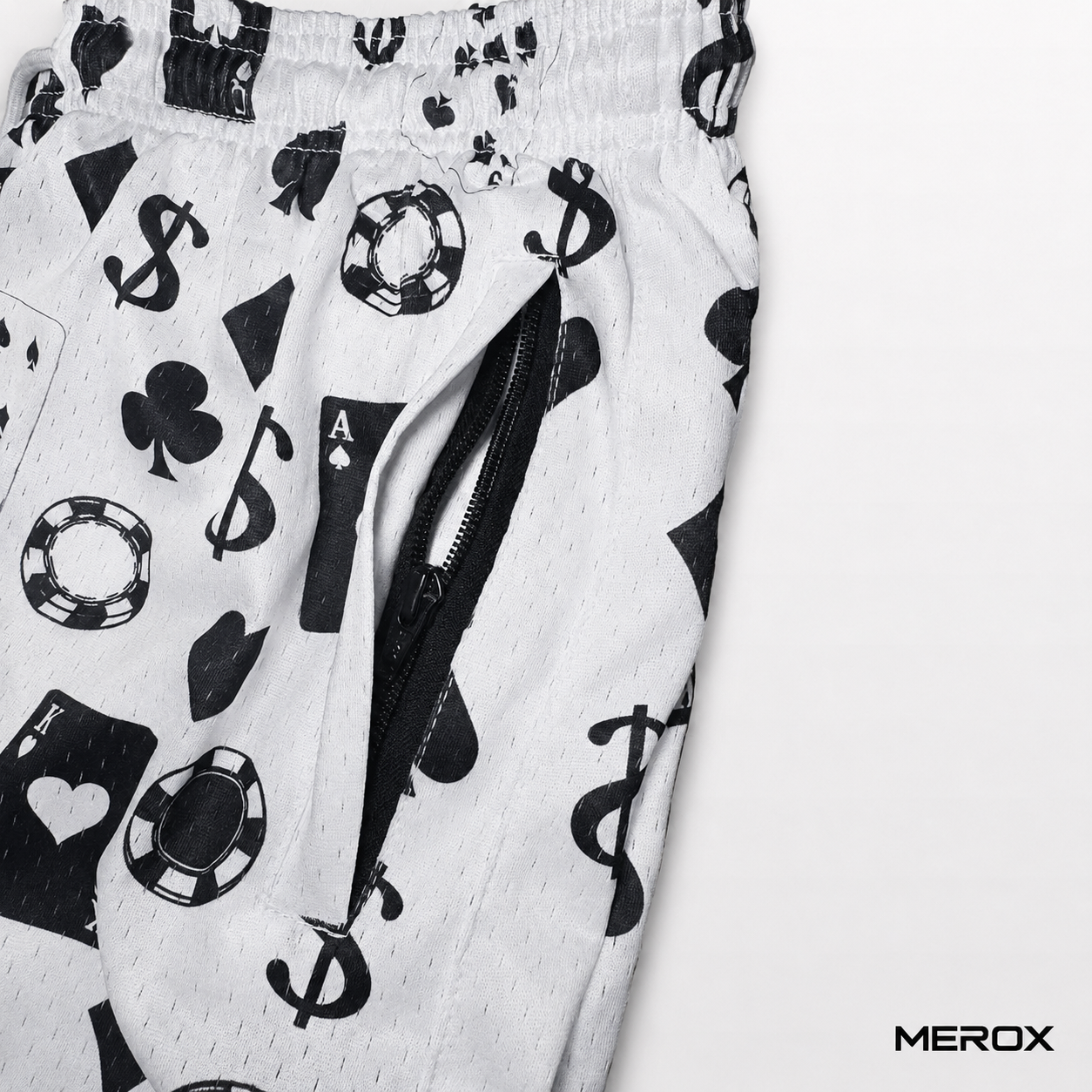 Casino mesh shorts secure zipper pocket detail