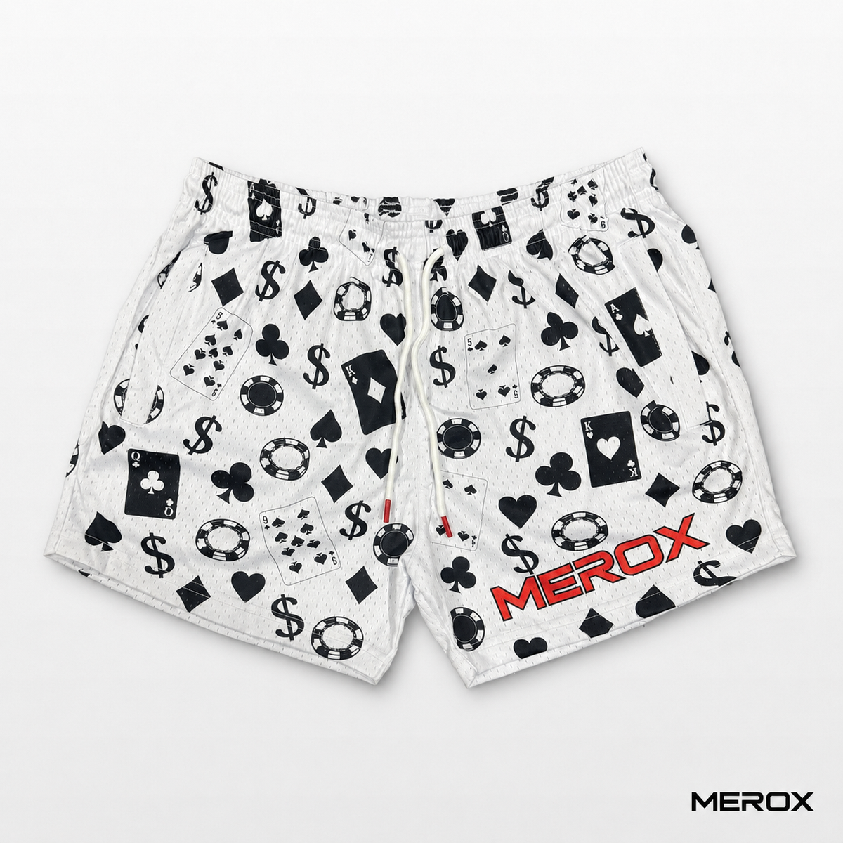 MEROX Casino 5-inch mesh shorts front view with playing cards and poker chips