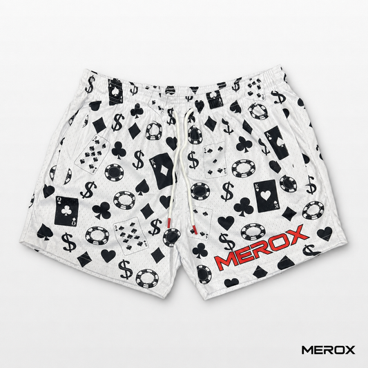 MEROX Casino 5-inch mesh shorts front view with playing cards and poker chips